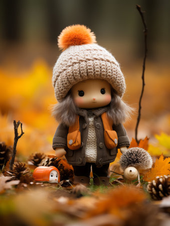 a small doll is standing in the middle of a pile of autumn leavesの素材