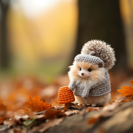 a small hamster wearing a knitted hat and holding an orange pumpkinの素材