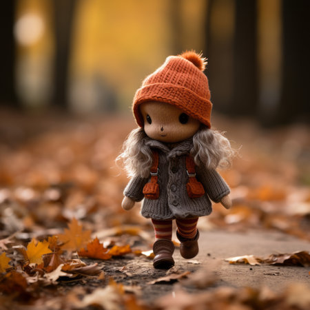 a small doll wearing an orange hat is walking in the fall leavesの素材