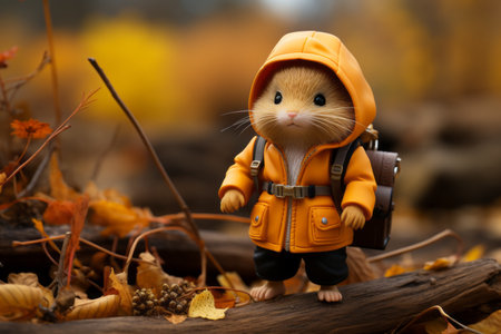 a small hamster wearing an orange jacket and carrying a backpackの素材