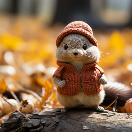 a small squirrel wearing an orange sweater and hat sits on a logの素材