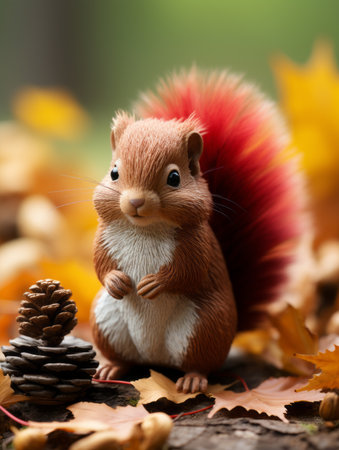 a small red squirrel is sitting on a log with some fallen leaves and pine conesの素材