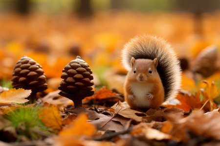 a small squirrel is standing in the middle of autumn leavesの素材