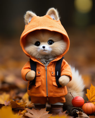 a small stuffed animal wearing an orange coatの素材