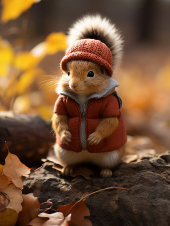 a squirrel wearing a red hat and jacket sitting on a logの素材