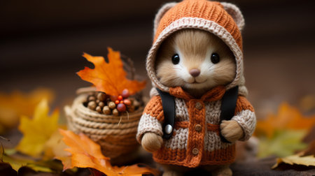 a small stuffed animal wearing an orange sweater and carrying a bag of autumn leavesの素材