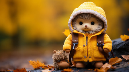 a stuffed animal wearing a yellow jacket and holding a small toyの素材