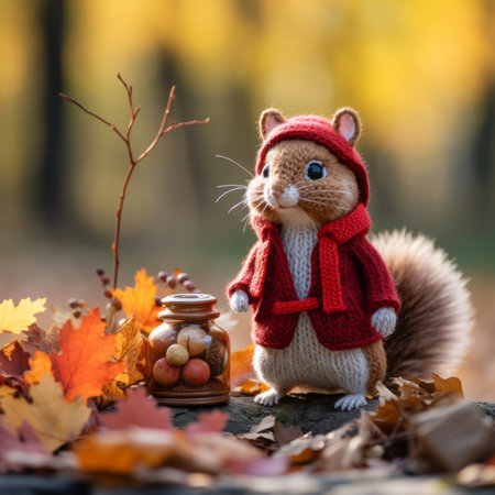 a small squirrel wearing a red sweater and holding a jar of nutsの素材