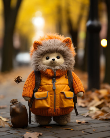 a stuffed animal wearing an orange coatの素材
