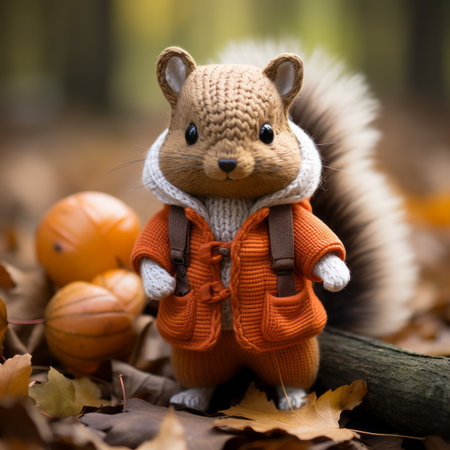 a stuffed squirrel wearing an orange jacket and holding an orange pumpkinの素材