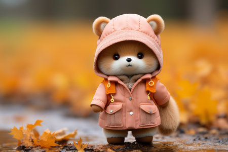a teddy bear in a pink coat standing in a puddleの素材