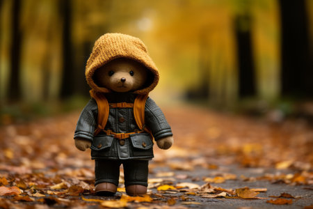 a teddy bear wearing a hooded jacket standing in the middle of an autumn forestの素材