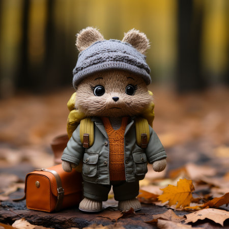 a teddy bear wearing a jacket and hat stands in the middle of an autumn forestの素材