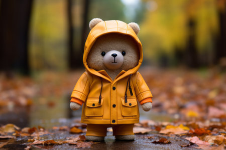 a teddy bear wearing a raincoat in the woodsの素材
