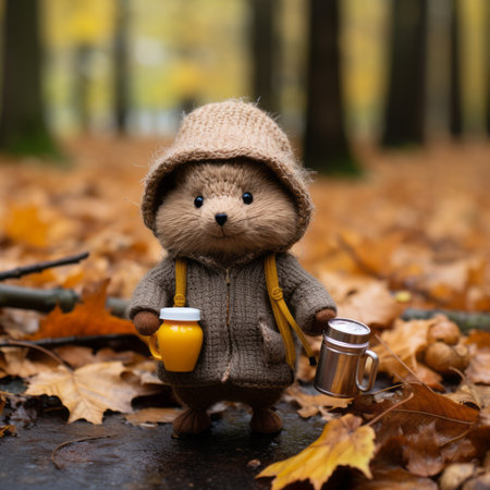 a teddy bear wearing a jacket and hat standing in the leavesの素材