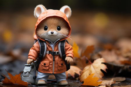a toy mouse wearing an orange jacket and carrying a backpackの素材