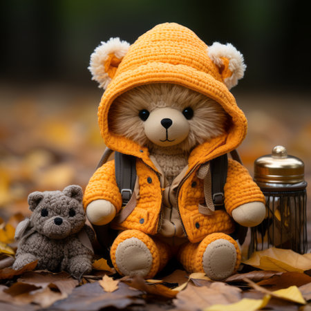 a teddy bear wearing an orange coatの素材