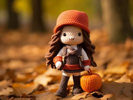 amigurumi crochet doll of a little girl holding a pumpkin in the autumn leavesの素材