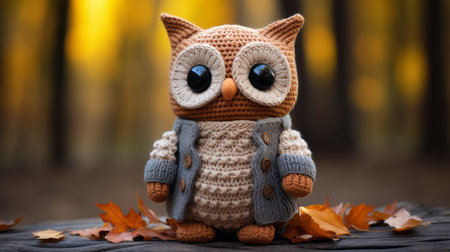 an adorable crocheted owl sitting on a log in the woodsの素材