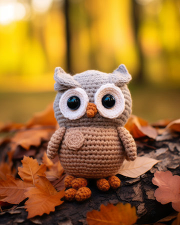 an owl crocheted in the autumn leavesの素材