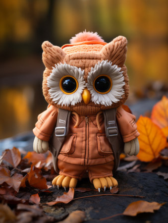an orange owl wearing an orange jacket and hat sits on the groundの素材