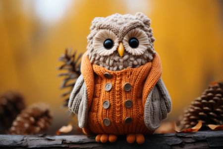 an owl wearing an orange sweater sits on a logの素材