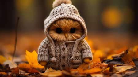 an owl wearing a sweater in the fall leavesの素材