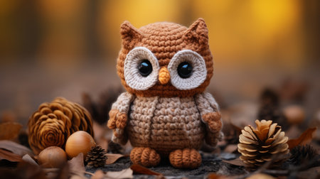 an adorable crocheted owl sitting in the autumn leavesの素材