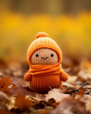 an orange knitted doll sitting in the leavesの素材
