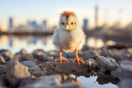 a baby chicken stands on a rock near a body of waterの素材