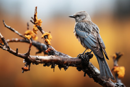 a bird sits on a branch in front of an autumn backgroundの素材