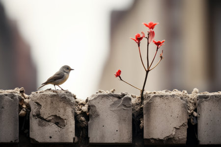 a bird sits on top of a brick wall with red flowersの素材