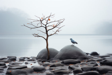 a bird is perched on a rock by a body of waterの素材