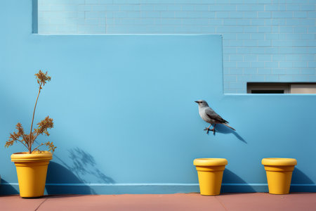 a bird is perched on a wall next to yellow flower potsの素材
