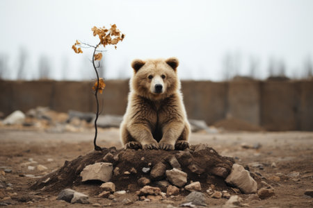 a bear sitting on top of a pile of dirtの素材