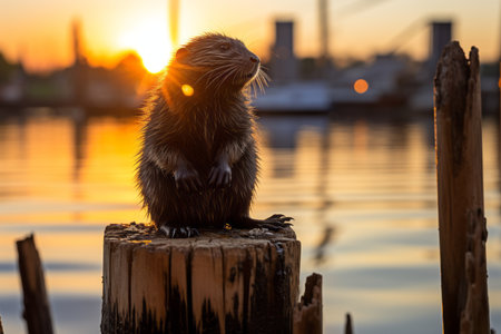 a beaver is sitting on a wooden post at sunsetの素材