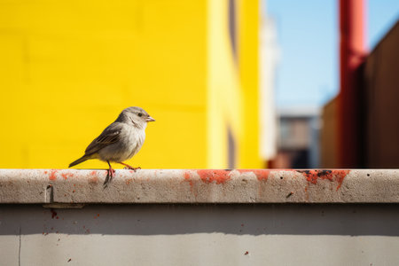 a bird sitting on a ledge in front of a yellow buildingの素材