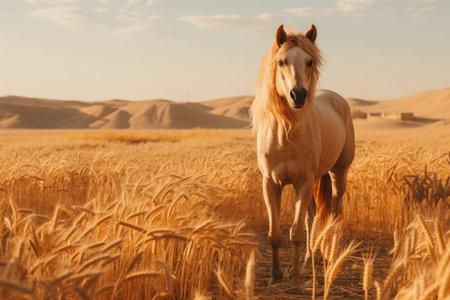 a horse standing in the middle of a wheat fieldの素材