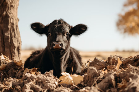 a black cow laying in the dirt near a treeの素材