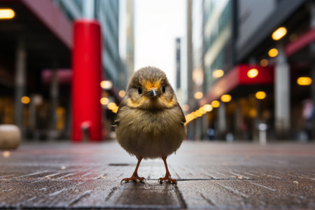 a small bird is standing on a sidewalk in a cityの素材