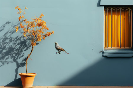 a bird sitting on a wall next to a potted plantの素材