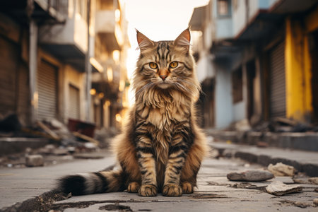 a long haired cat sitting on the streetの素材