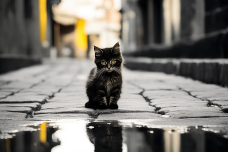 a black and white kitten sitting on a cobblestone streetの素材