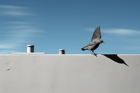 a bird sitting on a wall with a blue sky in the backgroundの素材