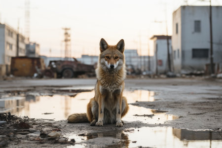 a fox sitting in the middle of a puddle in an urban areaの素材