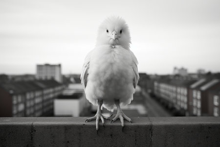 a white bird standing on a ledge with buildings in the backgroundの素材
