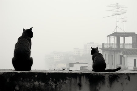 two cats sitting on a ledge overlooking a cityの素材