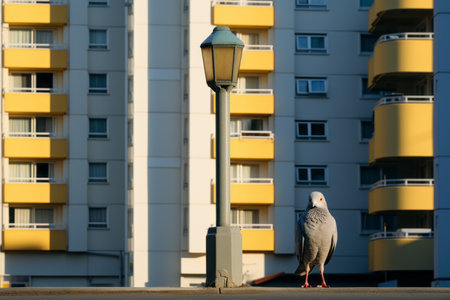 a seagull is standing on the sidewalk next to a tall buildingの素材