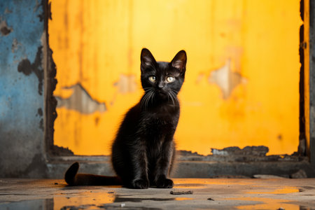 a black cat sitting in front of a yellow doorの素材