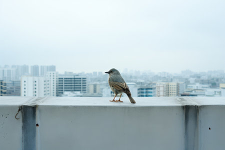 a bird sitting on a ledge in front of a cityの素材